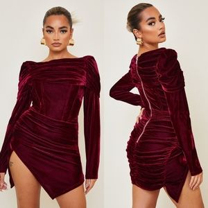 NWT Burgundy Velvet Ruched Bodycon Dress Valentines Dress